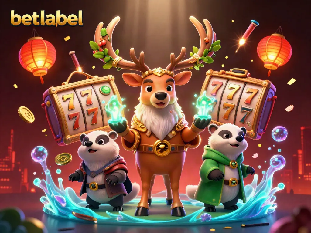 Betlabel casino illustration showcasing a colorful scene with a druid stag and gaming elements.