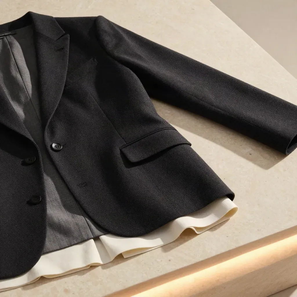 Blazer negro estructurado flotando sobre travertino pálido, con luz dramática y estilo editorial.
