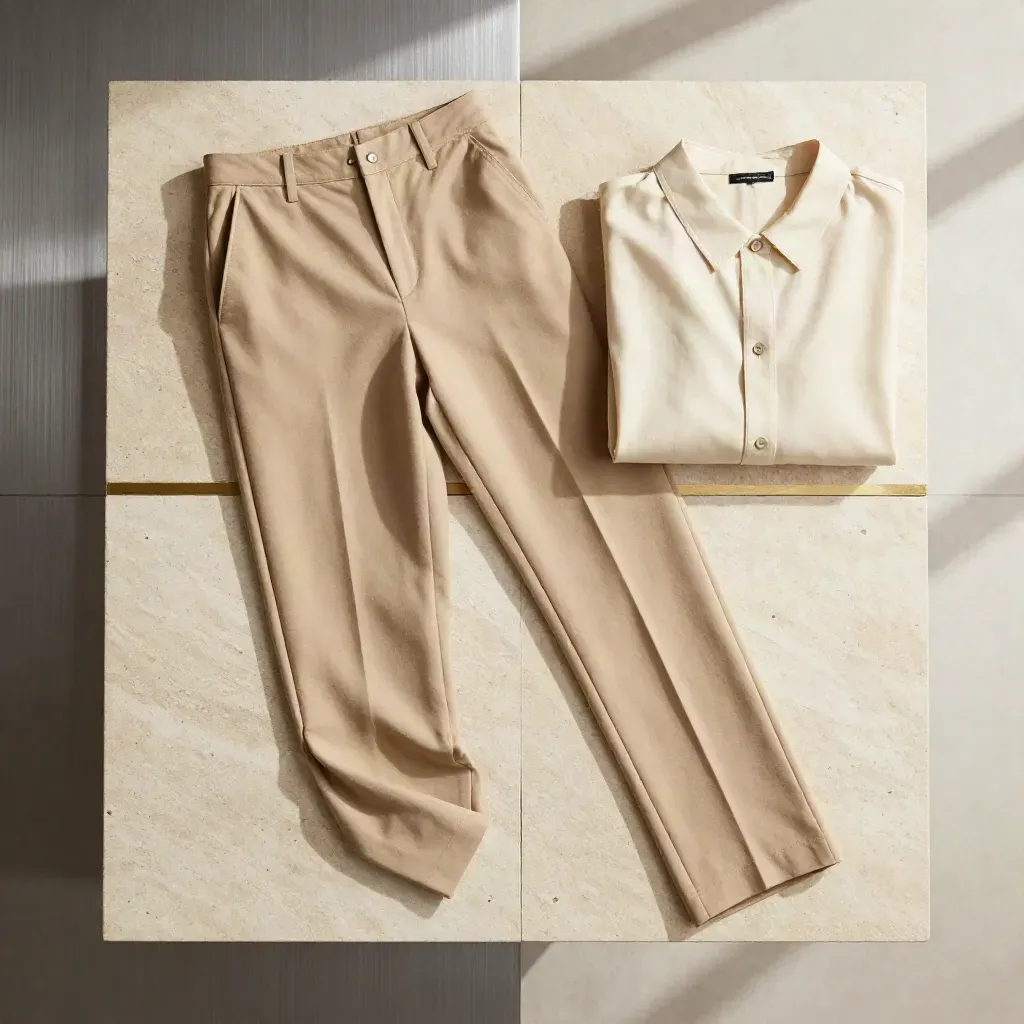 Pantalón beige y blusa cruda en flatlay cenital sobre piedra mate.
