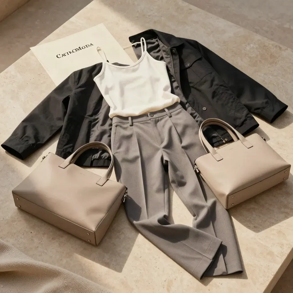 Conjunto de entretiempo con camiseta cruda, pantalón arena, chaqueta negra y bolso beige sobre piedra cálida.