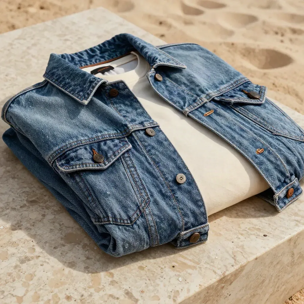 Chaqueta vaquera sobre piedra húmeda con camiseta cruda y pantalón arena, estilo editorial.