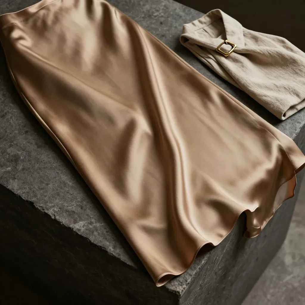 Falda midi satinada dorado apagado sobre lino crudo, con luz dramática y pliegues suaves.