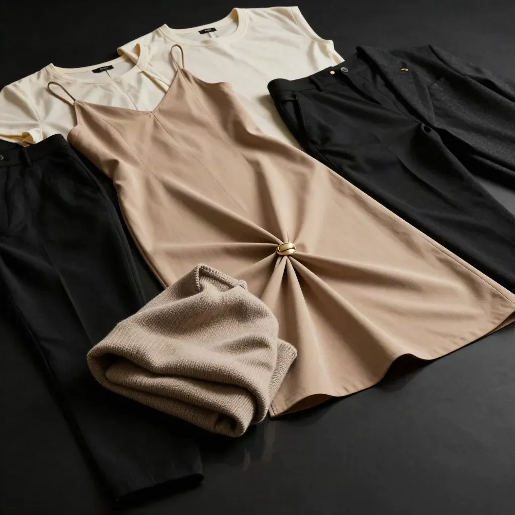 Montaje dinámico de prendas básicas en negro, arena y crudo con acento dorado y luz dramática.