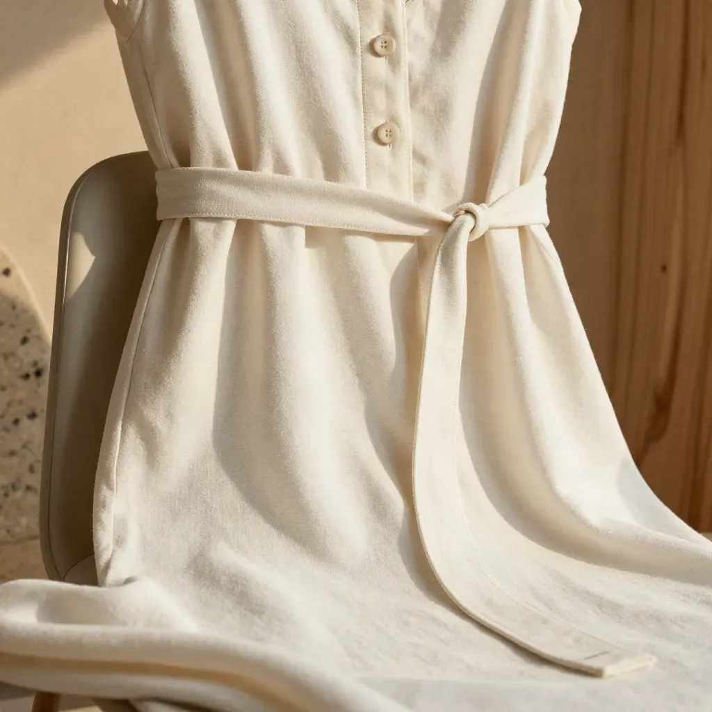 Macro de un vestido camisero blanco roto cayendo sobre una silla de madera clara.