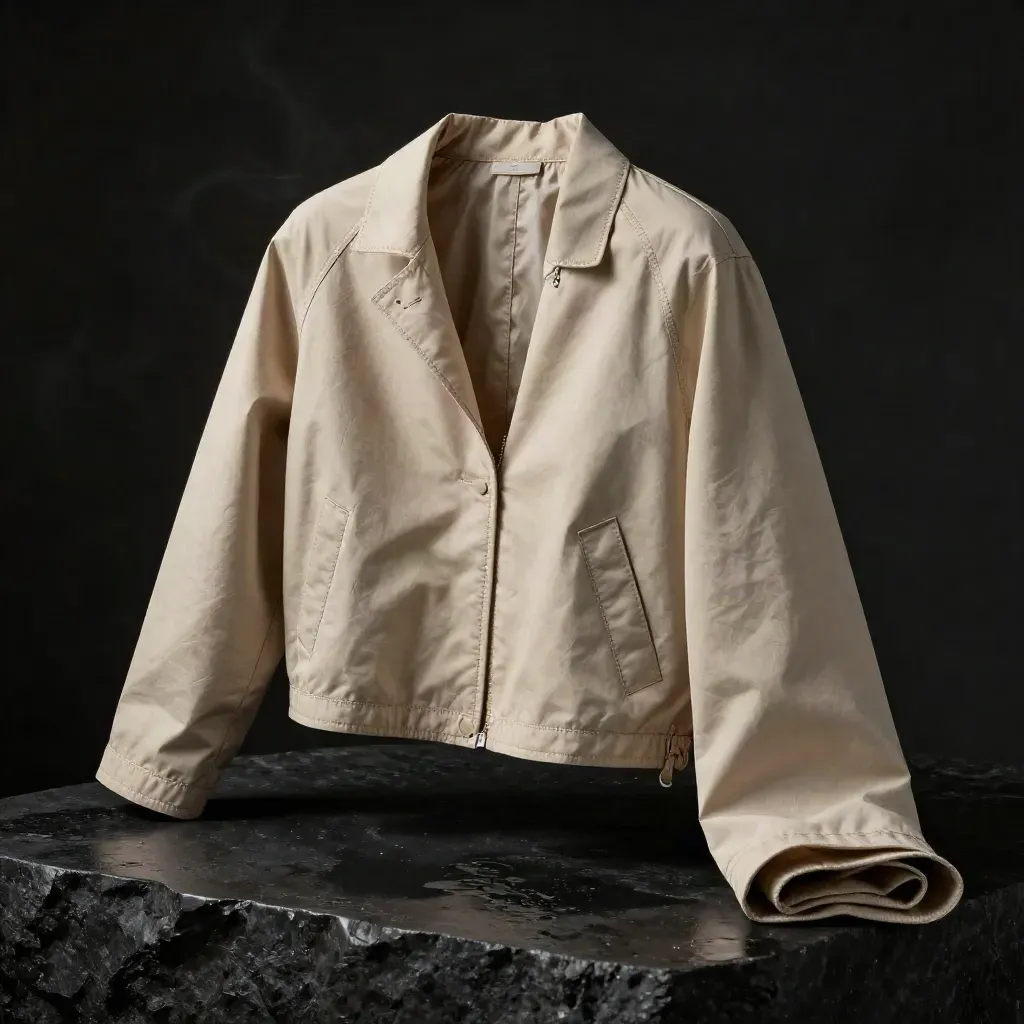 Chaqueta corta beige arena sobre bloque de piedra mojada, con luz dramática y neblina fina.