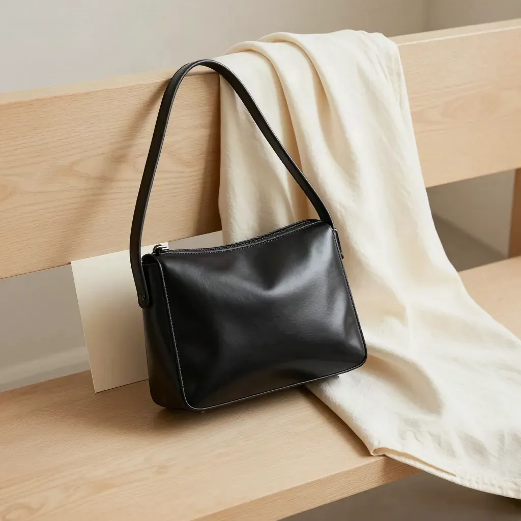 Bolso mini negro sobre banco de madera clara con prenda cruda y pañuelo doblado.