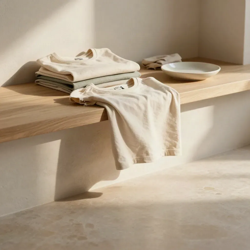 Camisas de algodón suaves sobre una repisa clara con fondo de interior minimalista.