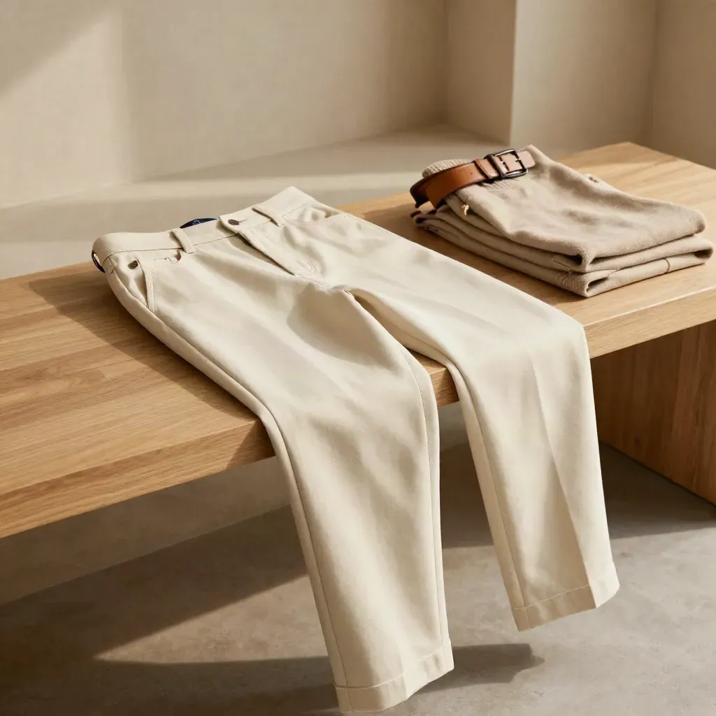 Pantalones rectos en un rincón de lino y madera clara con luz cálida