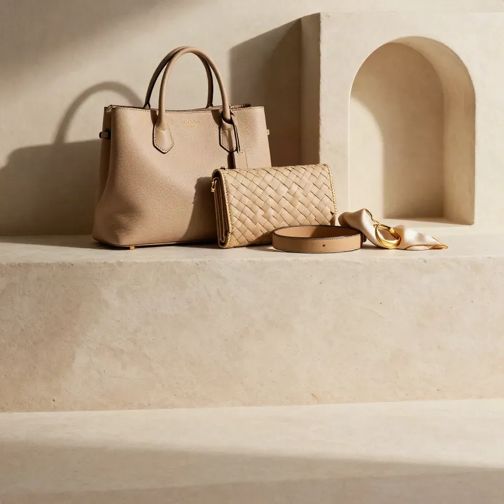 Bolso mini, clutch y accesorios sobre travertino claro con luz suave.