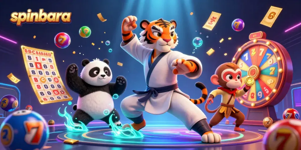 Engage in exciting spins at Spinbara Casino, featuring upbeat cartoon elements and dynamic game symbols.