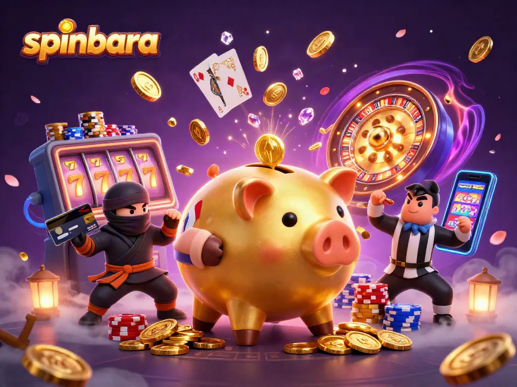 Feature the spinbara theme with dynamic casino illustrations of characters and gaming elements.