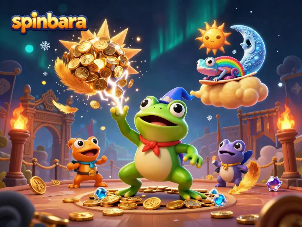 Experience spinbara's thrilling world with a storm of golden coins and magical characters in this vibrant 3D illustration