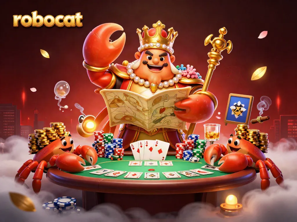 robocat casino illustration showing a golden crab emperor with poker elements and dazzling visuals